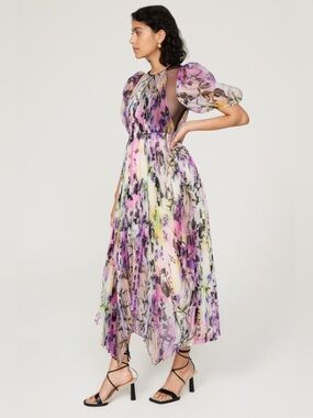 Bibhu Mohapatra x RTR Pleated Floral Organza Puff Sleeve Dress Size 10